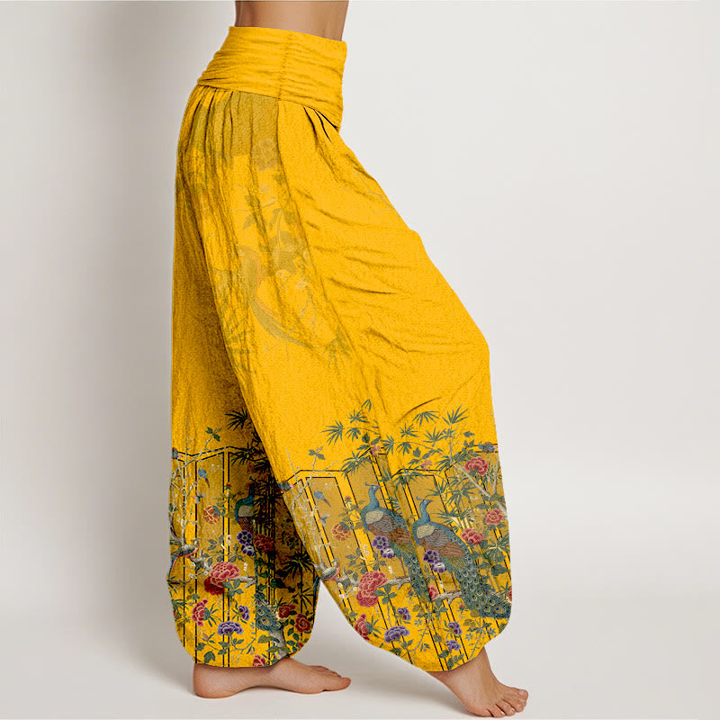 Buddha Stones Cotton Gorgeous Peacock Flower Pattern Women's Elastic Waist Harem Pants - image 2