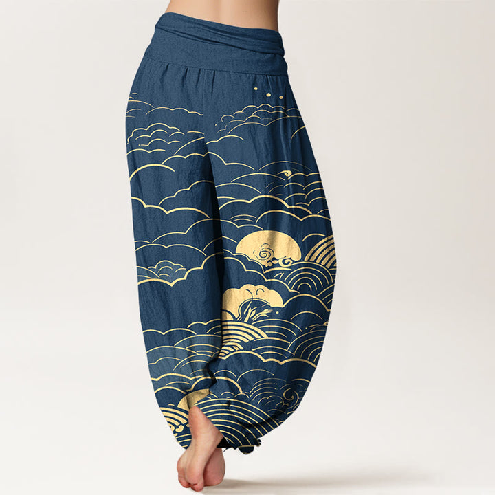 Buddha Stones Cotton Classical Clouds Spiral Pattern Women's Elastic Waist Harem Pants - image 1