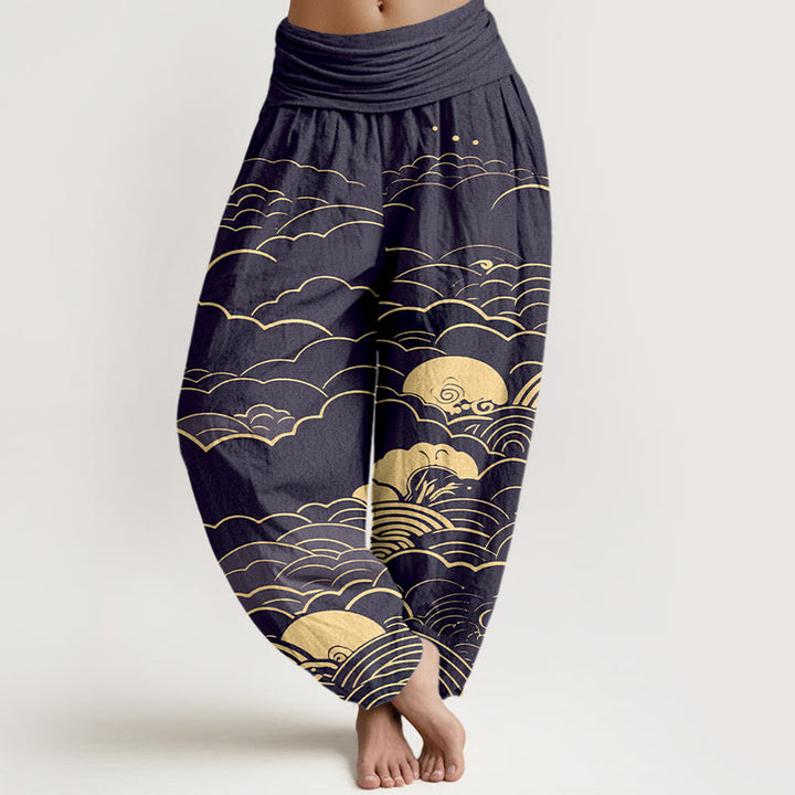 Buddha Stones Cotton Classical Clouds Spiral Pattern Women's Elastic Waist Harem Pants - MidnightBlue - US16，UK/AU20，EU48 (3XL) - image 5