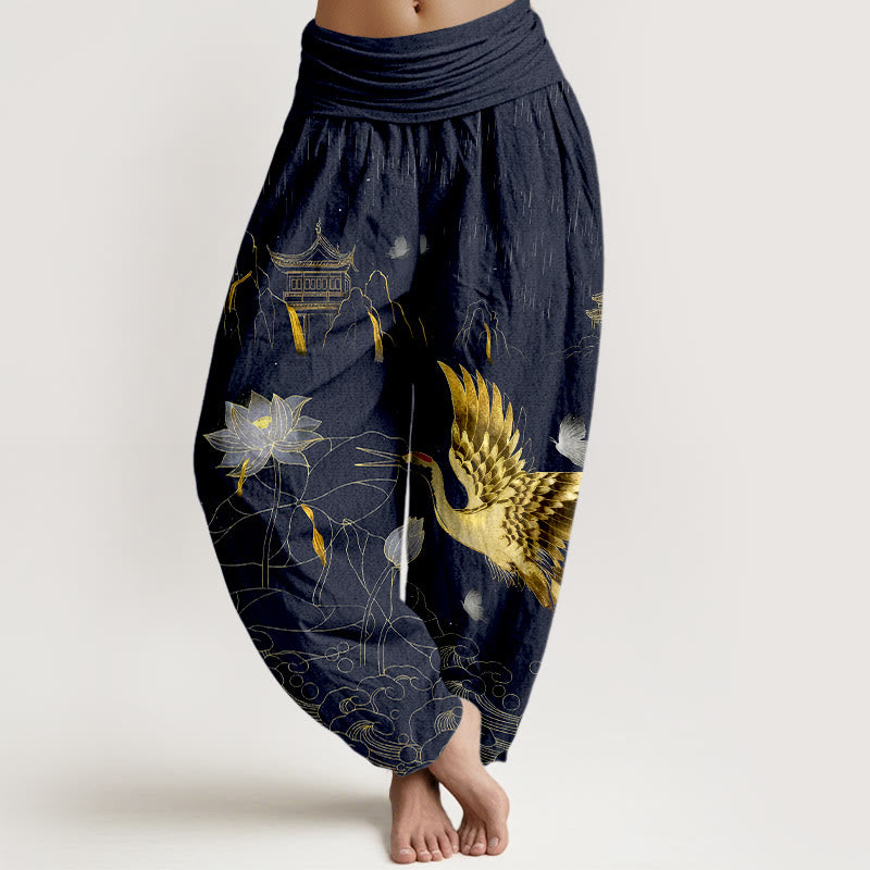 Buddha Stones Cotton Crane Lotus Mountain Pavilion Pattern Women's Elastic Waist Harem Pants - MidnightBlue - US16，UK/AU20，EU48 (3XL) - image 5
