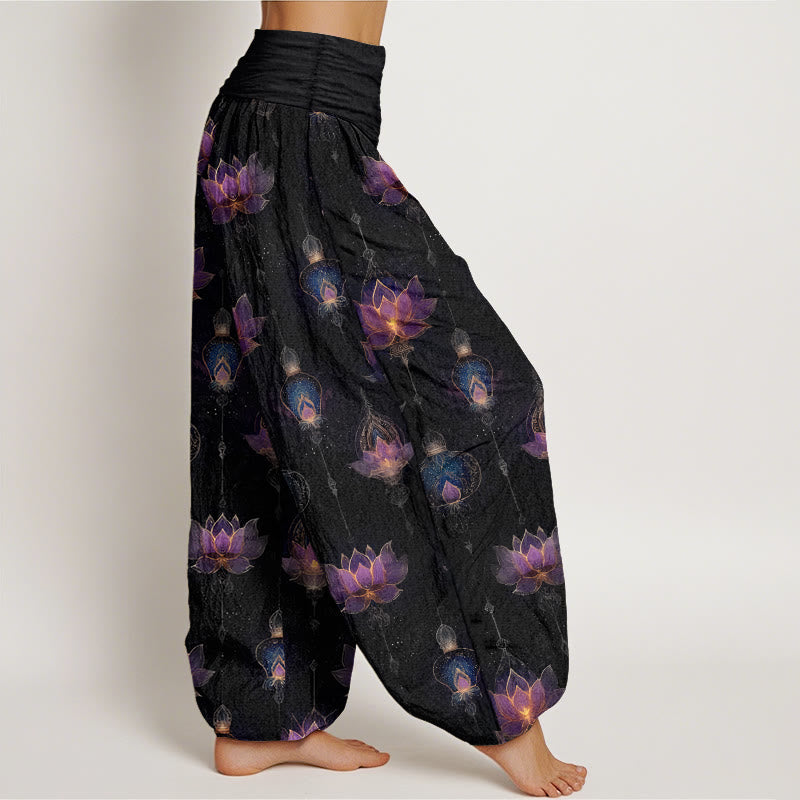 Buddha Stones Cotton Gorgeous Lotus Lantern Pattern Women's Elastic Waist Harem Pants - image 10