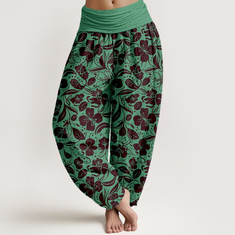 Buddha Stones Cotton Repeated Flowers Leaves Pattern Women's Elastic Waist Harem Pants - MediumSeaGreen - US16，UK/AU20，EU48 (3XL) - image 0