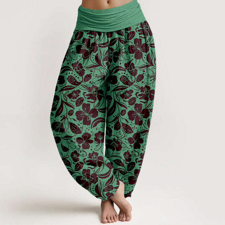 Buddha Stones Cotton Repeated Flowers Leaves Pattern Women's Elastic Waist Harem Pants - MediumSeaGreen - US16，UK/AU20，EU48 (3XL) - image 0
