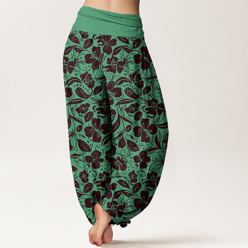 Buddha Stones Cotton Repeated Flowers Leaves Pattern Women's Elastic Waist Harem Pants - image 1