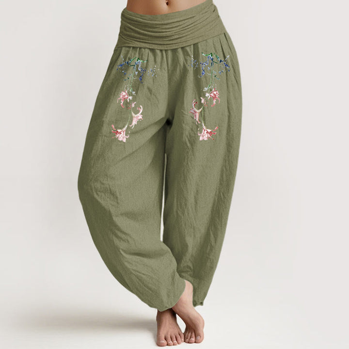 Buddha Stones Pure Cotton Simple Pastel Flower Pattern Women's Elastic Waist Harem Pants - OliveDrab - US16，UK/AU20，EU48 (3XL) - image 14