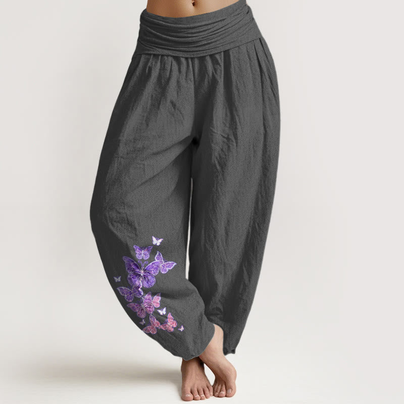 Buddha Stones Pure Cotton Pastel Butterfly Pattern Women's Elastic Waist Harem Pants - DimGray - US16，UK/AU20，EU48 (3XL) - image 0