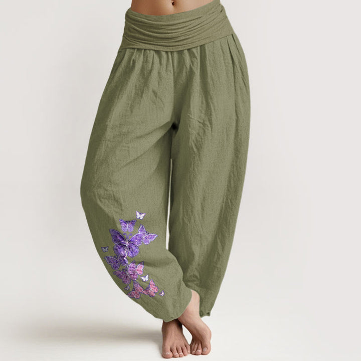 Buddha Stones Pure Cotton Pastel Butterfly Pattern Women's Elastic Waist Harem Pants - OliveDrab - US16，UK/AU20，EU48 (3XL) - image 14