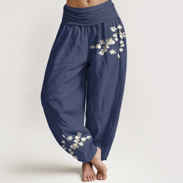 Buddha Stones Pure Cotton Simple Magnolia Flower Pattern Women's Elastic Waist Harem Pants - DarkSlateBlue - US16，UK/AU20，EU48 (3XL) - image 8
