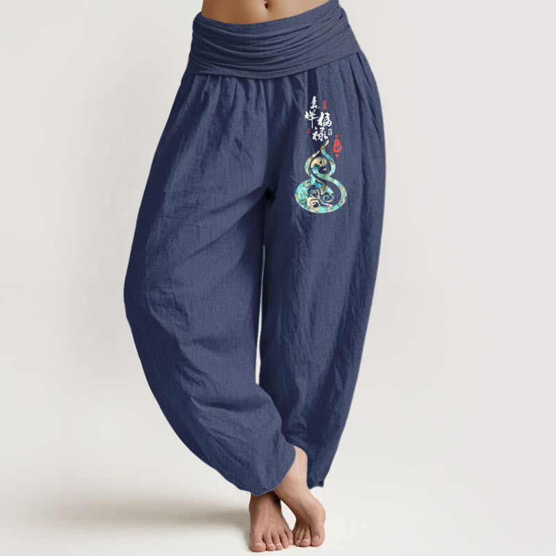 Buddha Stones Pure Cotton Chinese Characters Gourd Pattern Women's Elastic Waist Harem Pants - DarkSlateBlue - US16，UK/AU20，EU48 (3XL) - image 5