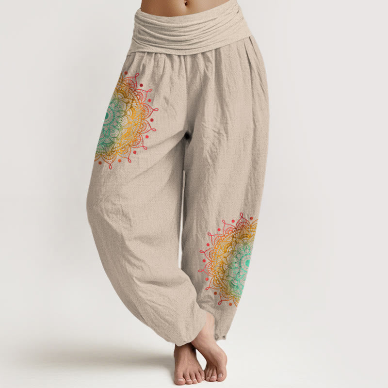 Buddha Stones Pure Cotton Simple Style Mandala Pattern Women's Elastic Waist Harem Pants - Tan - US16，UK/AU20，EU48 (3XL) - image 11