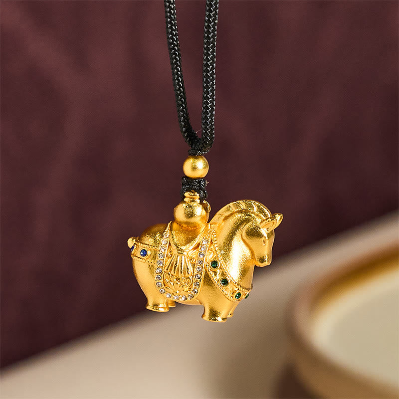 Buddha Stones Year Of The Horse 24k Gold Plated Brass Rope Cord Necklace Pendant - image 2