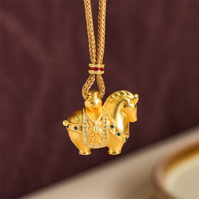 Buddha Stones Year Of The Horse 24k Gold Plated Brass Rope Cord Necklace Pendant - image 10