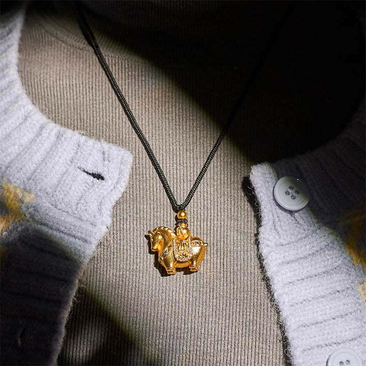 Buddha Stones Year Of The Horse 24k Gold Plated Brass Rope Cord Necklace Pendant - image 7