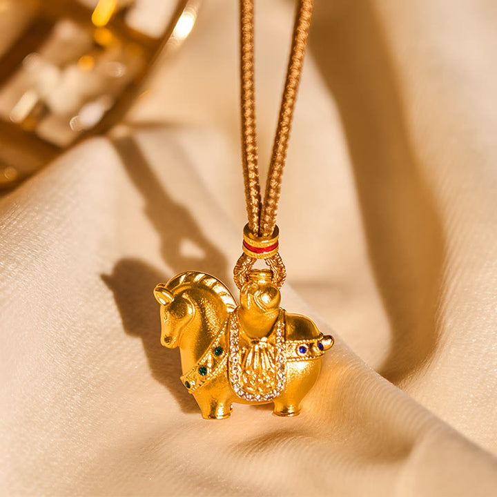 Buddha Stones Year Of The Horse 24k Gold Plated Brass Rope Cord Necklace Pendant - image 11