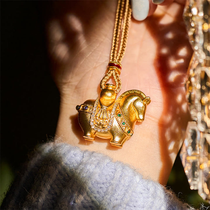 Buddha Stones Year Of The Horse 24k Gold Plated Brass Rope Cord Necklace Pendant - image 13