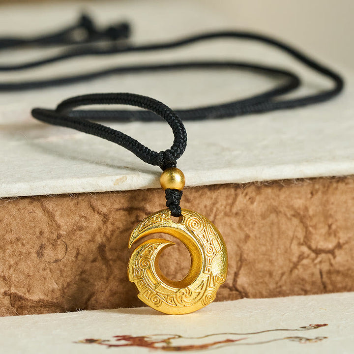 Buddha Stones 24k Gold Plated Brass Peace Buckle Black Rope Auspicious Necklace Pendant - image 1