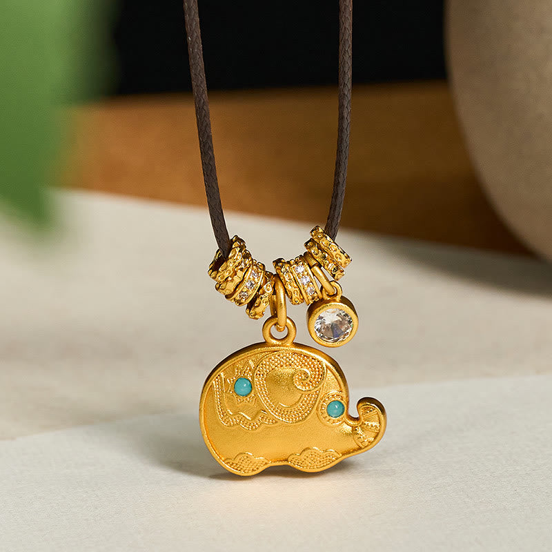 Buddha Stones Elephant Symbol 24k Gold Plated Brass Strength Rope Necklace Pendant - Elephant - image 0
