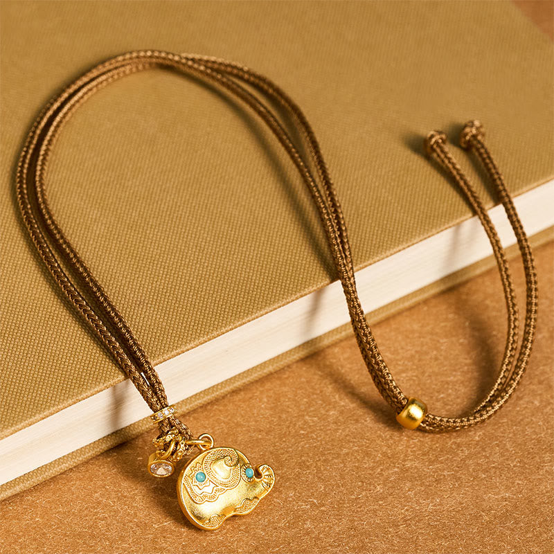 Buddha Stones 24k Gold Plated Brass Elephant Symbol Braided Cord Strength Necklace Pendant - image 3