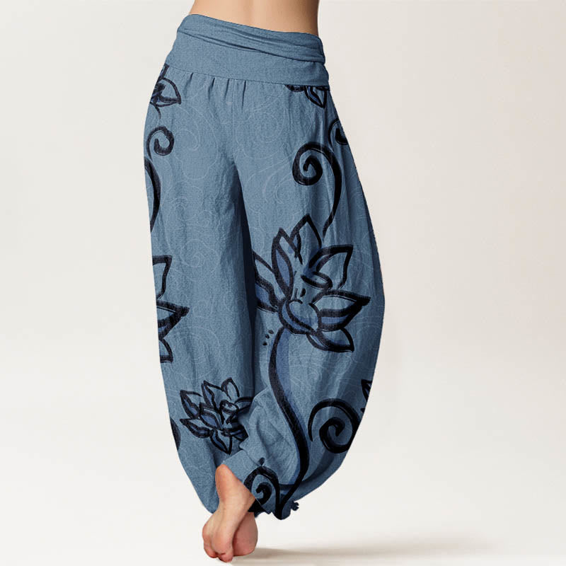 Buddha Stones Cotton Casual Lotus Auspicious Clouds Design Women's Elastic Waist Harem Pants - image 5