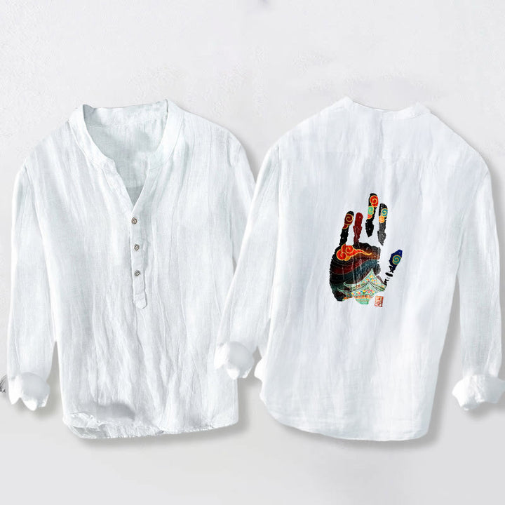 Buddha Stones Handprints Architecture Pattern Half Buttons Men's Cotton Linen Long Sleeve Shirt - image 8