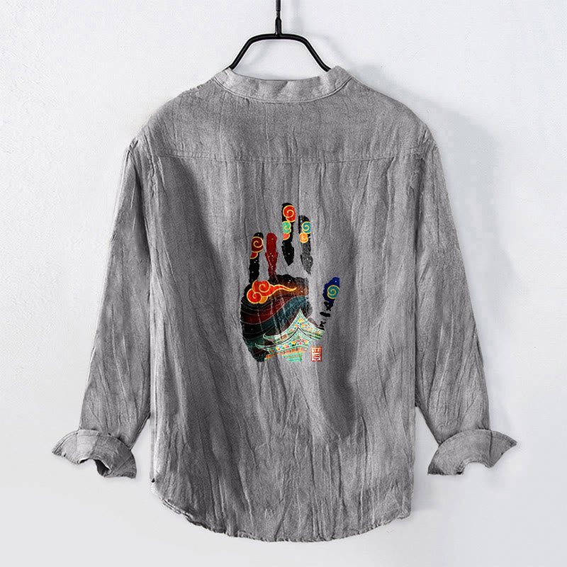 Buddha Stones Handprints Architecture Pattern Half Buttons Men's Cotton Linen Long Sleeve Shirt - Gray - US/UK/AU50，EU60 (5XL) - image 3