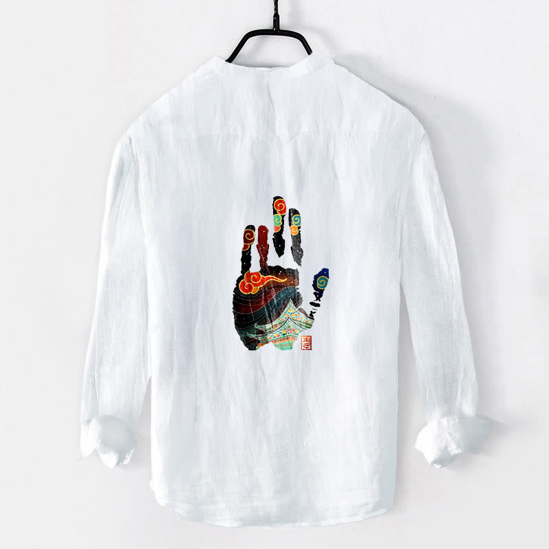 Buddha Stones Handprints Architecture Pattern Half Buttons Men's Cotton Linen Long Sleeve Shirt - White - US/UK/AU50，EU60 (5XL) - image 6