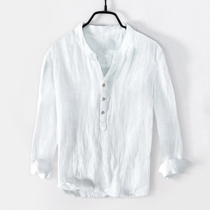 Buddha Stones Handprints Architecture Pattern Half Buttons Men's Cotton Linen Long Sleeve Shirt - image 7