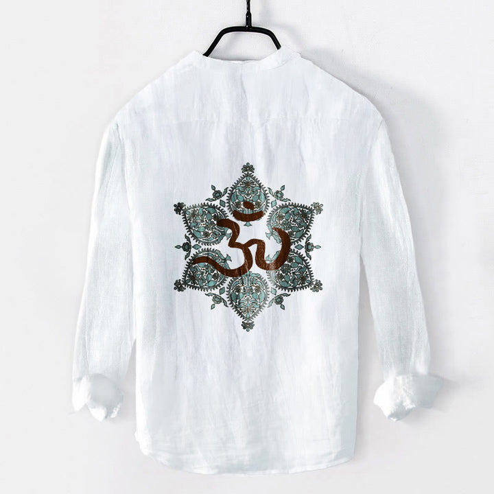 Buddha Stones Om Symbol Symmetrical Mandala Pattern Half Buttons Men's Cotton Linen Long Sleeve Shirt - image 8