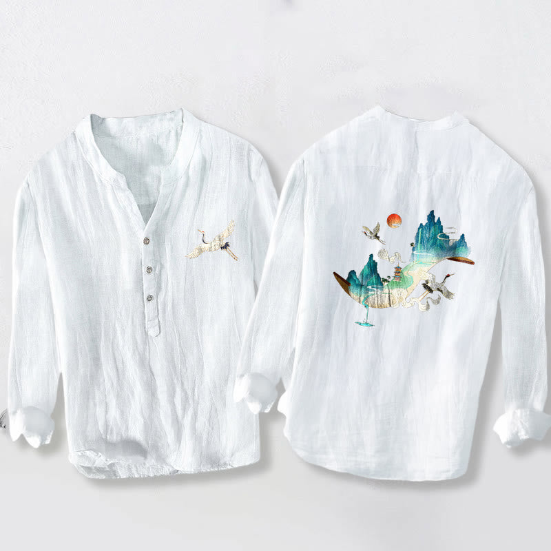 Buddha Stones Mountains Cranes Cloud Pattern Half Buttons Men's Cotton Linen Long Sleeve Shirt - White - US/UK/AU50，EU60 (5XL) - image 6