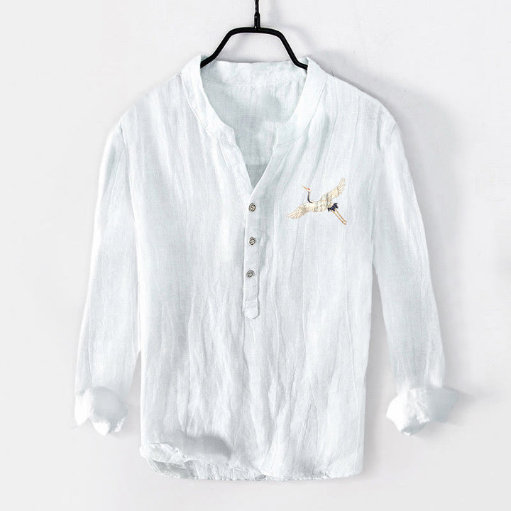 Buddha Stones Mountains Cranes Cloud Pattern Half Buttons Men's Cotton Linen Long Sleeve Shirt - image 7