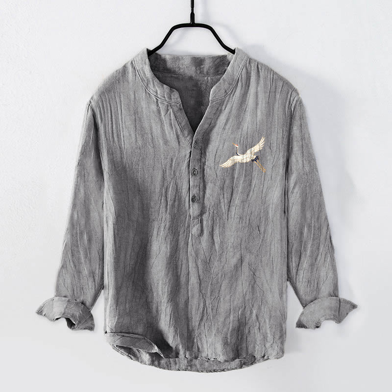 Buddha Stones Mountains Cranes Cloud Pattern Half Buttons Men's Cotton Linen Long Sleeve Shirt - image 1