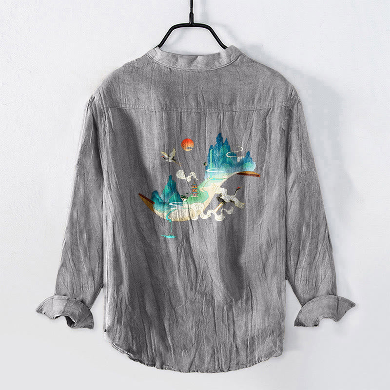Buddha Stones Mountains Cranes Cloud Pattern Half Buttons Men's Cotton Linen Long Sleeve Shirt - image 2