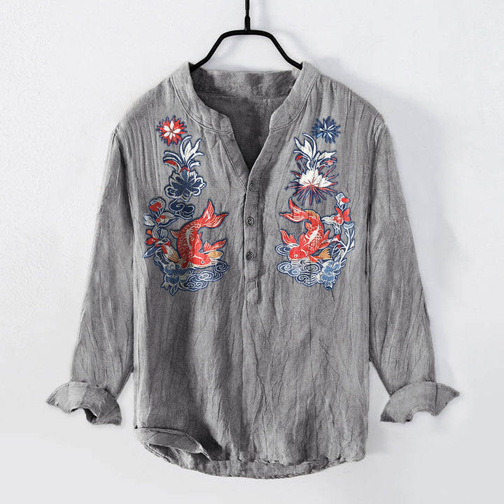 Buddha Stones Koi Fish Flower Pattern Half Buttons Cotton Linen Men's Long Sleeve Shirt - Gray - US/UK/AU50，EU60 (5XL) - image 3