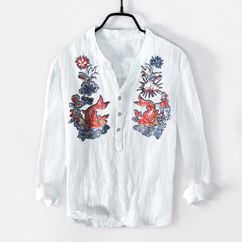 Buddha Stones Koi Fish Flower Pattern Half Buttons Cotton Linen Men's Long Sleeve Shirt - White - US/UK/AU50，EU60 (5XL) - image 6