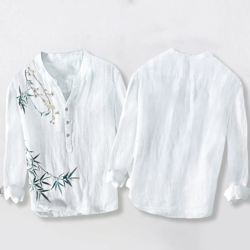 Buddha Stones Bamboo Leaves White Plum Blossoms Pattern Cotton Linen Men's Long Sleeve Shirt - image 8