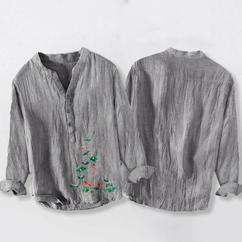 Buddha Stones Koi Fish Lotus Leaves Pattern Half Buttons Cotton Linen Men's Long Sleeve Shirt - image 8