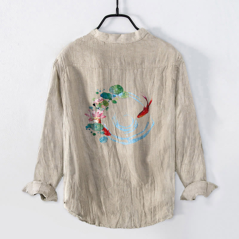 Buddha Stones Koi Fish Lotus Flowers Leaves Pattern Half Buttons Long Sleeve Men's Cotton Linen Shirt - Linen - US/UK/AU50，EU60 (5XL) - image 3