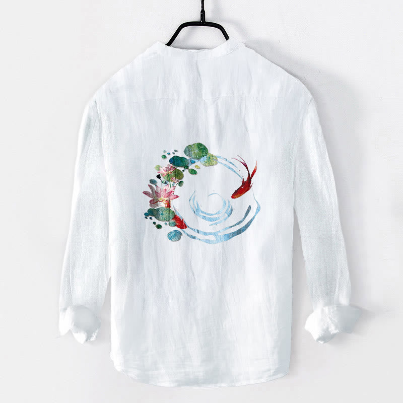 Buddha Stones Koi Fish Lotus Flowers Leaves Pattern Half Buttons Long Sleeve Men's Cotton Linen Shirt - White - US/UK/AU50，EU60 (5XL) - image 6