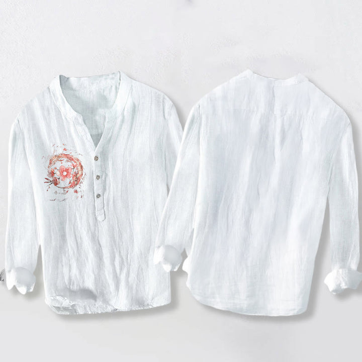 Buddha Stones Pink Dragon Cherry Blossoms Pattern Half Buttons Long Sleeve Men's Cotton Linen Shirt - image 8