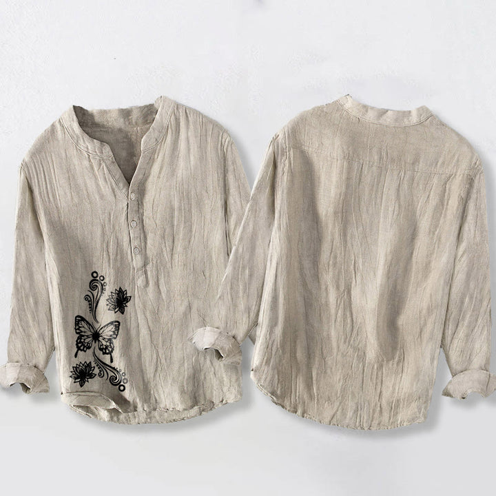 Buddha Stones Butterfly Lotus Pattern Half Buttons Long Sleeve Men's Cotton Linen Shirt - image 2