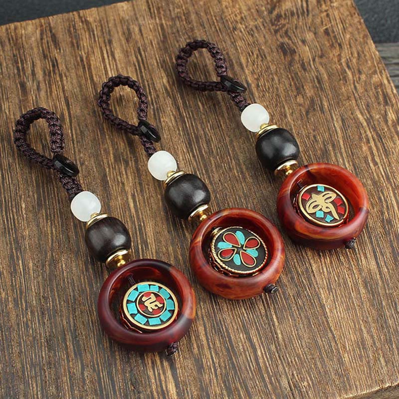 Buddha Stones Ebony Wood Sanskrit Four-leaf Clover Buddha's Eye Peace Rotatable Key Chain - image 12