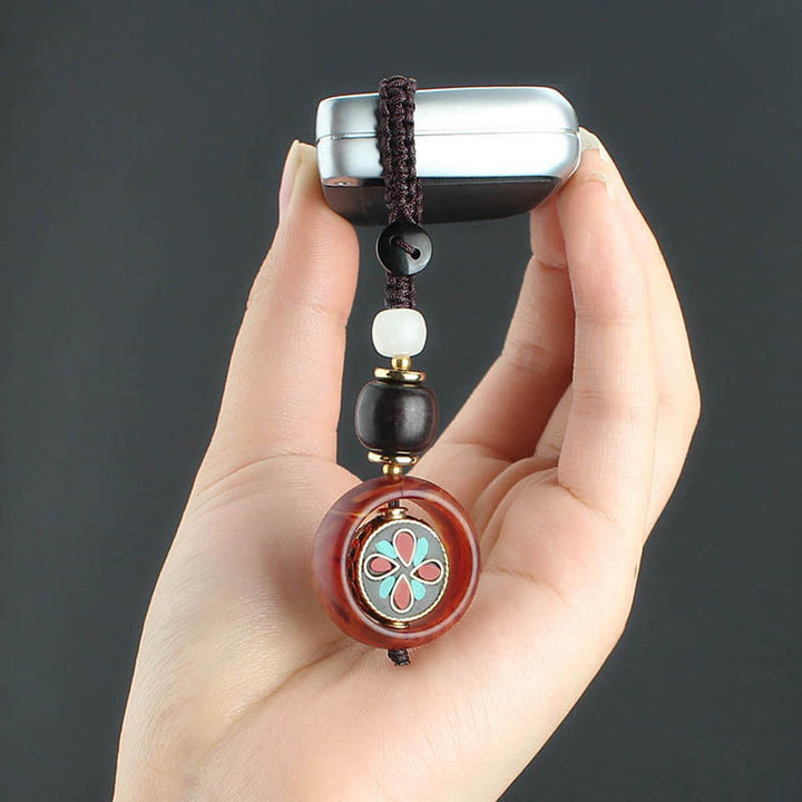Buddha Stones Ebony Wood Sanskrit Four-leaf Clover Buddha's Eye Peace Rotatable Key Chain - image 11