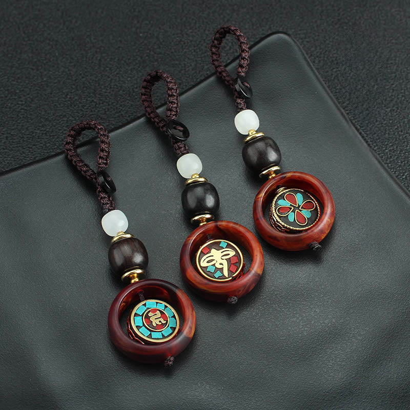Buddha Stones Ebony Wood Sanskrit Four-leaf Clover Buddha's Eye Peace Rotatable Key Chain - image 13