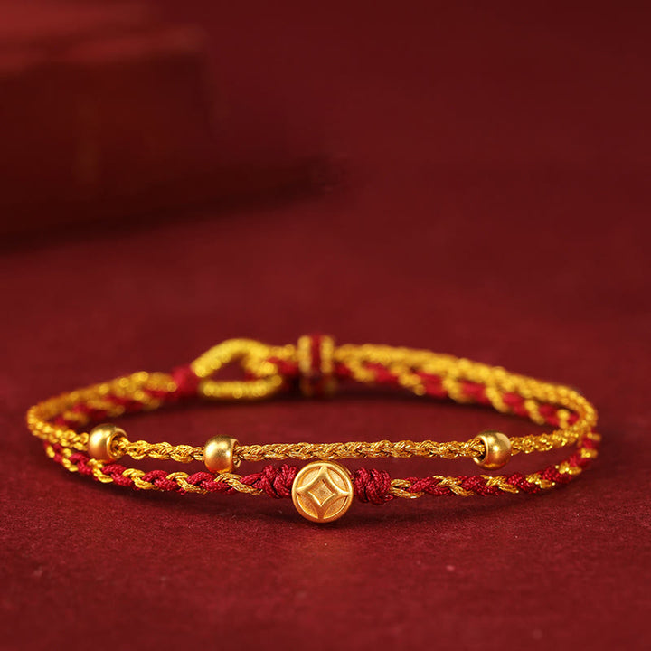 Buddha Stones 999 Gold Beads Copper Coin Double Wrap Golden Red String Connection Braided Bracelet - 999 Gold Copper Coin&Three Beads - image 5