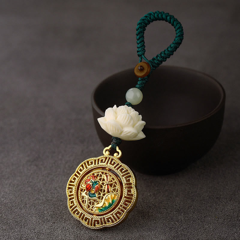 Buddha Stones Bodhi Seed Lotus Hetian Jade Bead Copper Rotatable Peace Key Chain - Dragonfly Lotus Leaf - Green Button Rope - image 1