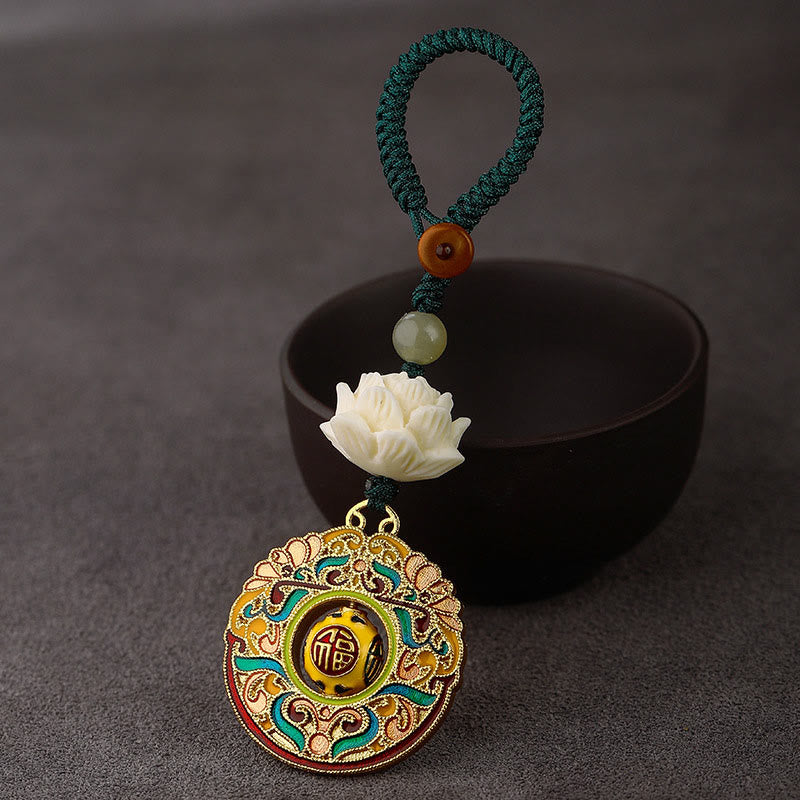 Buddha Stones Bodhi Seed Lotus Hetian Jade Bead Copper Rotatable Peace Key Chain - Fu Character Auspicious Cloud - Green Button Rope - image 11