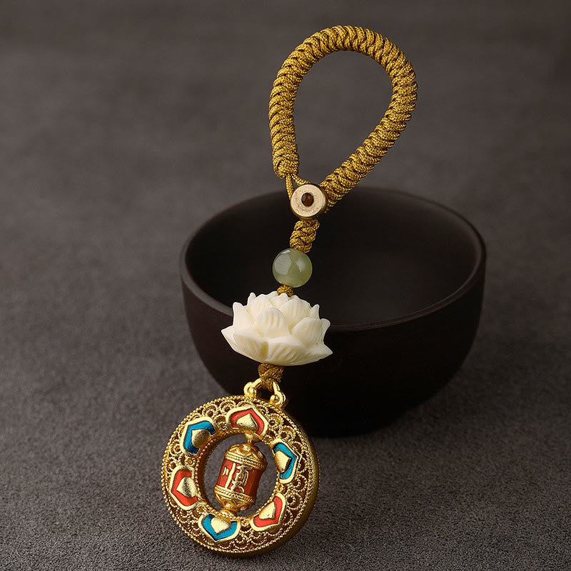 Buddha Stones Bodhi Seed Lotus Hetian Jade Bead Copper Rotatable Peace Key Chain - Prayer Wheel - Yellow Button Rope - image 13