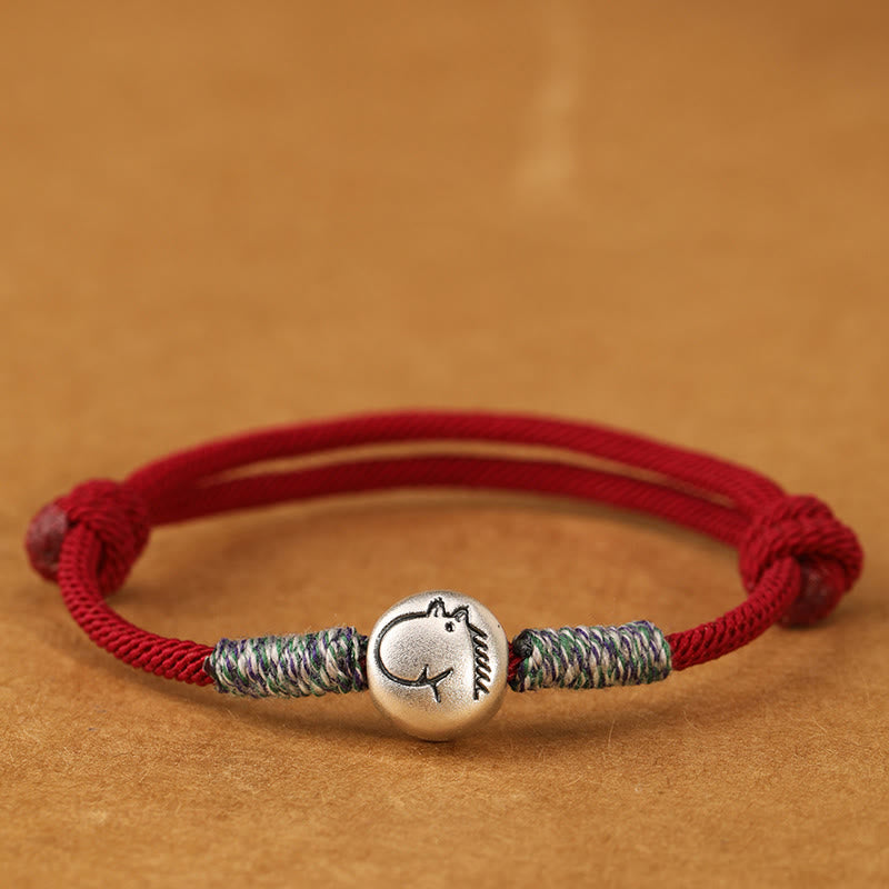 Buddha Stones 999 Sterling Silver Year Of The Horse Chinese Zodiac String Braided Luck Bracelet - Horse Darkred String - 19-23cm - image 1