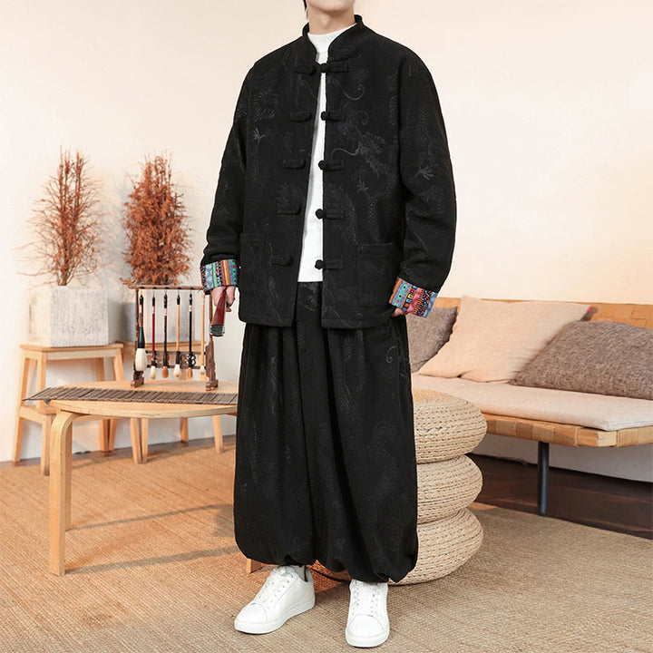 Buddha Stones 2Pcs Fall Winter Men's Tang Suit Dragon Frog-Button Cotton Long Sleeve Jacket Pants Set - Black - US/UK/AU46，EU56 (5XL) - image 0