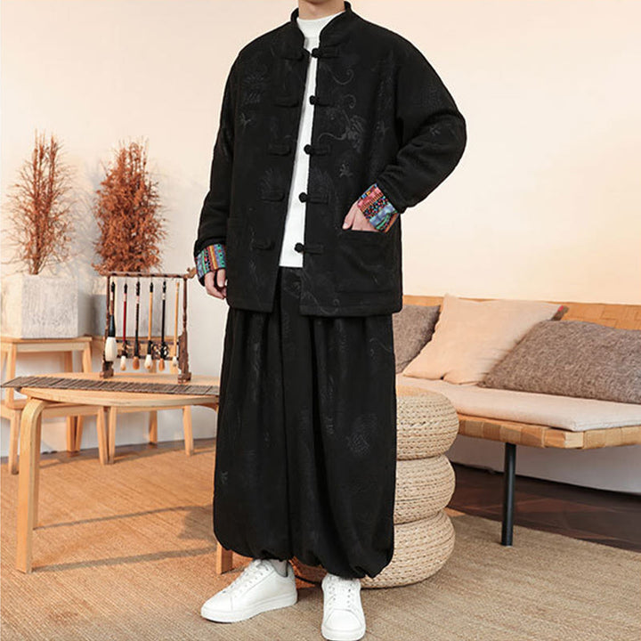 Buddha Stones 2Pcs Fall Winter Men's Tang Suit Dragon Frog-Button Cotton Long Sleeve Jacket Pants Set - image 7